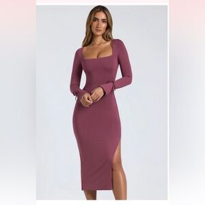 Modal Square Neck Long Sleeve dress in plum